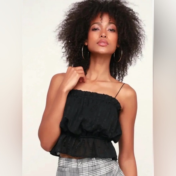 Lulus Tops - NWT Lulu's Black Peplum Spaghetti Strap Satin Ruffle Camisole Whimsical Boho Med